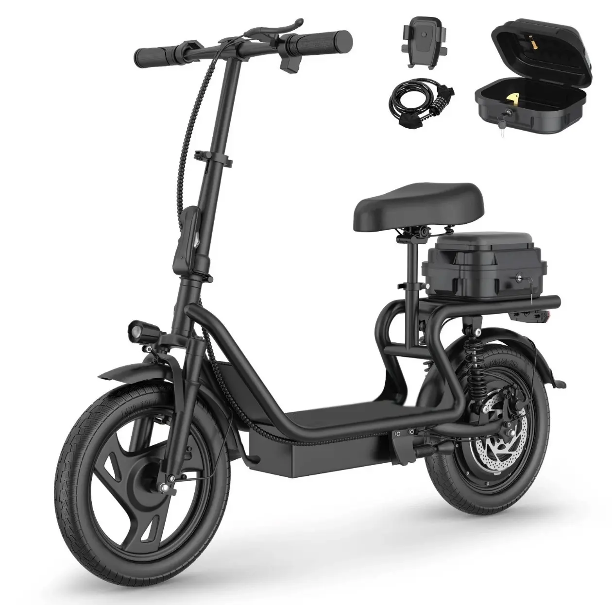 Seated Electric Scooter 14" Fat Tire Adult E-Bike Dual Suspension w/ Cargo Box