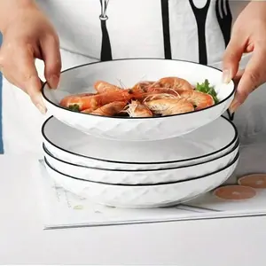 4-Piece Diamond Pattern Ceramic Salad Serving Plates, 8-Inch Rice Bowl, 7-Inch Round Dish, Multi-Functional Tableware Set, Durable, All-Season Dining Accessories