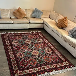Handmade Wool Rug 7x5 - Ivory Border, Oriental Design, Hand-Knotted Weave