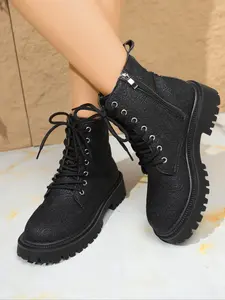 Women's platform ankle boots, featuring a casual round toe with embossed lace details, suitable for all seasons. They have a zipper closure and are perfect for sweet and cool mixed styles, with a thick Rubber sole for height increase.