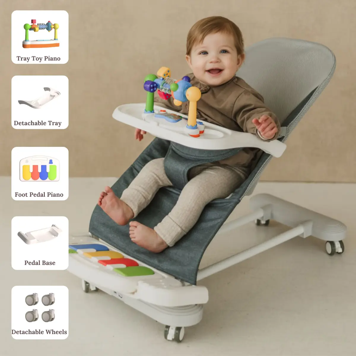 cuddo baby Bounce Chair, 4-in-1 Portable Newborn Bouncer with Breathable Mesh Seat, 3-Level Recline, Wheels, Musical Piano & Feeding Tray for Infants to Toddlers, Portable Bouncer, Parents, Unisex, 0 - 2 Years, Fabric