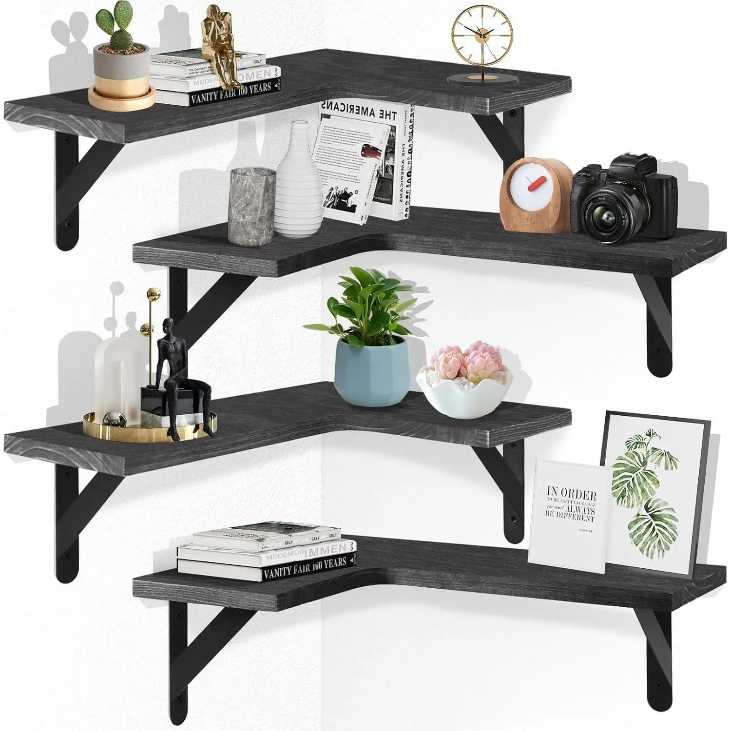 Corner Floating Shelves Set of 4,L-Shaped Wall Mounted Shelf,Rustic  Corner Shelvesfor Wall Storage and Decor,Wall Mounted  Shelves for Kitchen Living Room Bedroom,Black