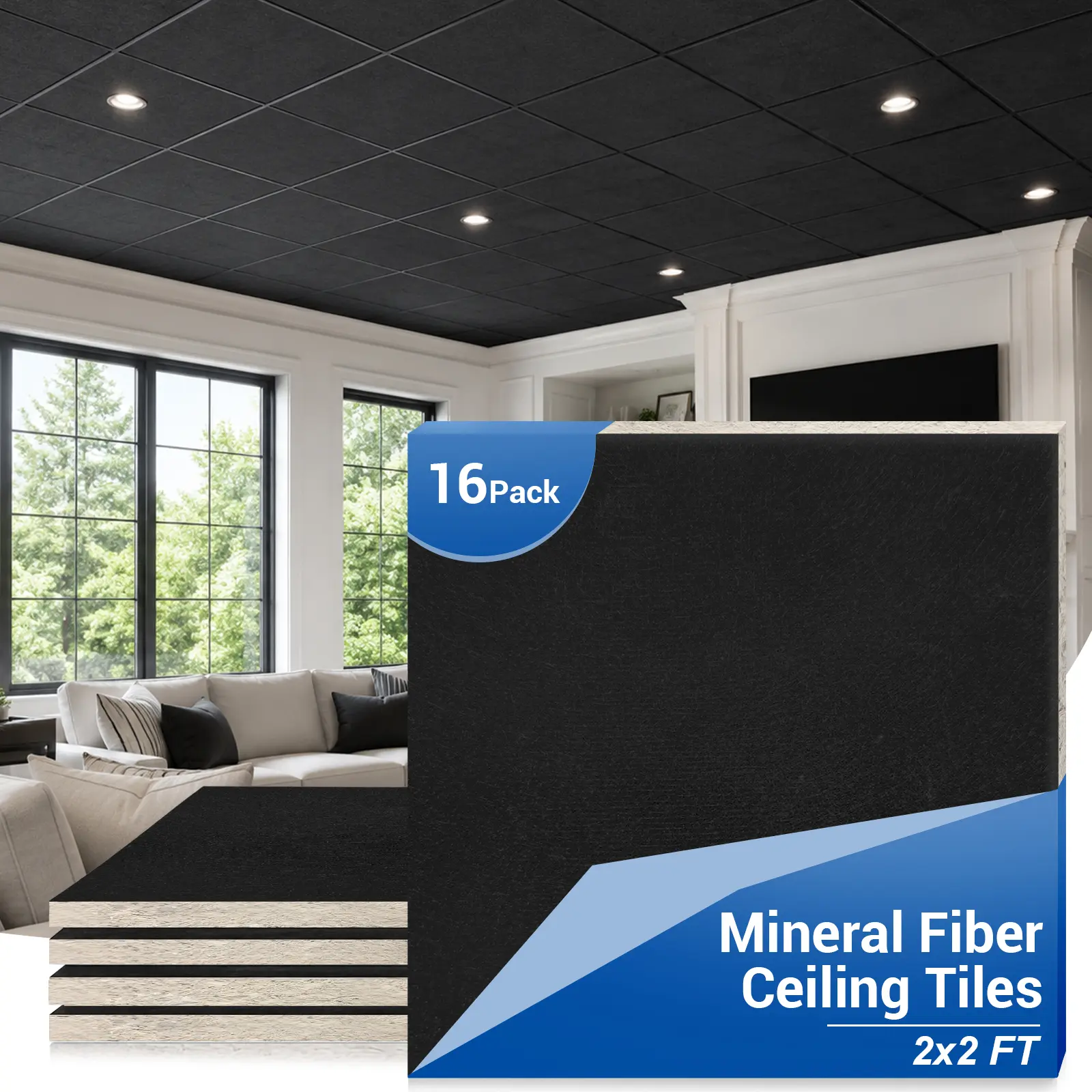 LOOYEE 16 PCS 2x2 Ft Mineral Fiber Acoustic Ceiling Tiles Moisture-Proof Flame-Retardant Suspended Ceiling Panels Ideal Basement Home Theater Cover 64 Sq.Ft