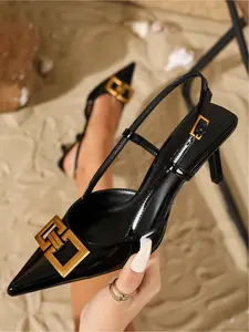 Women's Leather Pointed Toe Slingback Stiletto Heels with Metal Buckle, Elegant High Heels for Party, Date & Office, Trendy All-match Footwear for Women & Girls, Classic Chic Shoes, Metallic, Footwear Style
