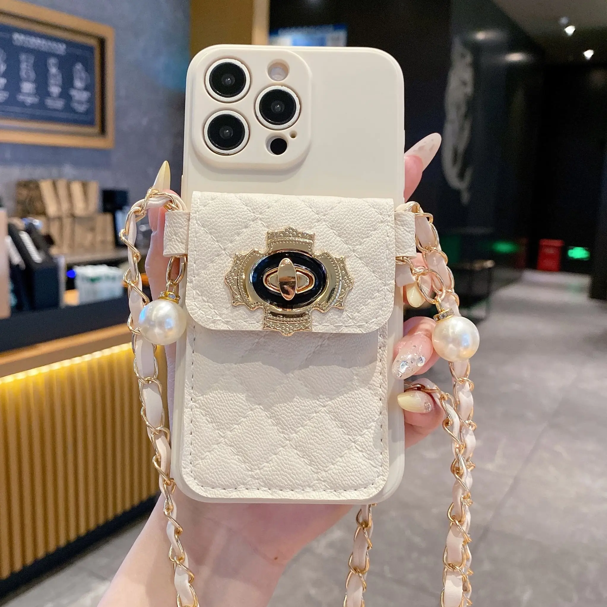 A cream-colored straight-edge - silver bead long chain cardholder cube anti-drop creatives phone case Cover suitable for Apple 7, 8, 11, 12, 13, 14, 15, 16 Pro, Plus, Max, X, XR / Samsung / Redmi / VIVO / OPPO series phone cases