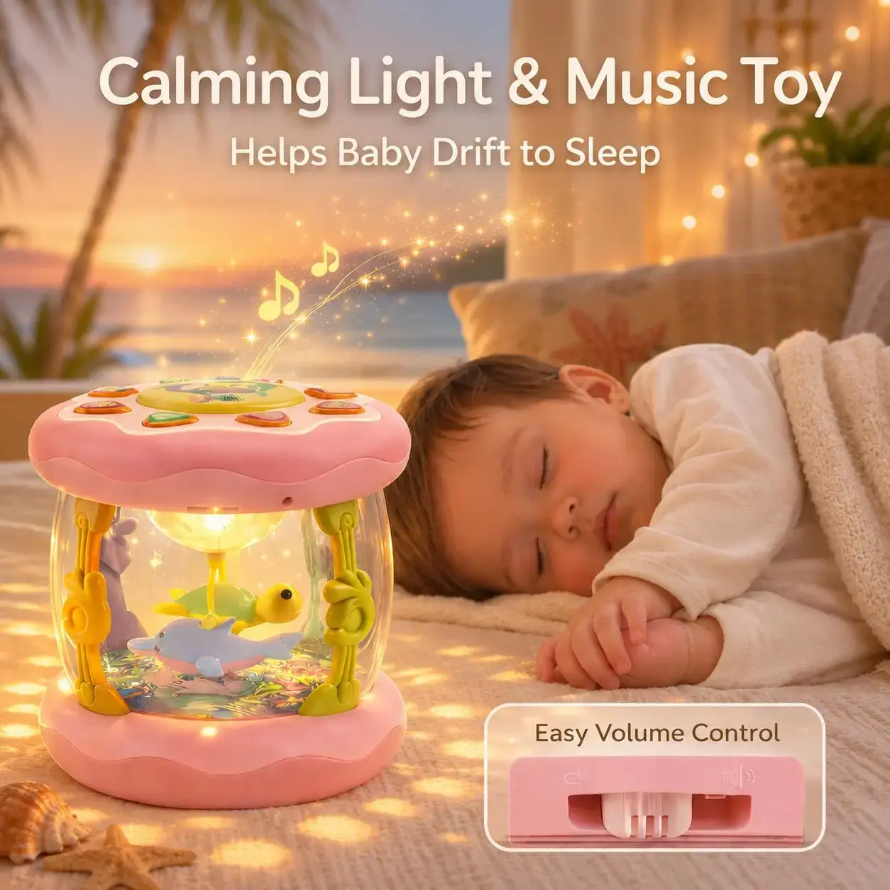 Baby Musical Light Up Toys 6-36 Months, Tummy Time Ocean Projector Rotating, Infant 0-12 Months Learning Crawling,Floor drum Toy , Birthday present for baby, Rattle Maracas Sensory