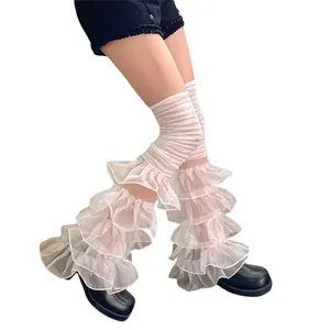 Women Leg Warmers Ruffled Lace Patchwork Long Thigh High Socks Boot Cuffs Cover for Streetwear