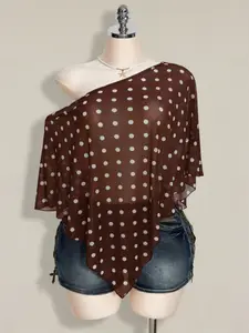 Plus Size New European Style Polka Dot Asymmetrical Shoulder Chiffon Top, Loose Fit Sheer Lightweight Breathable Transparent Blouse, Versatile Slimming Basic Chic