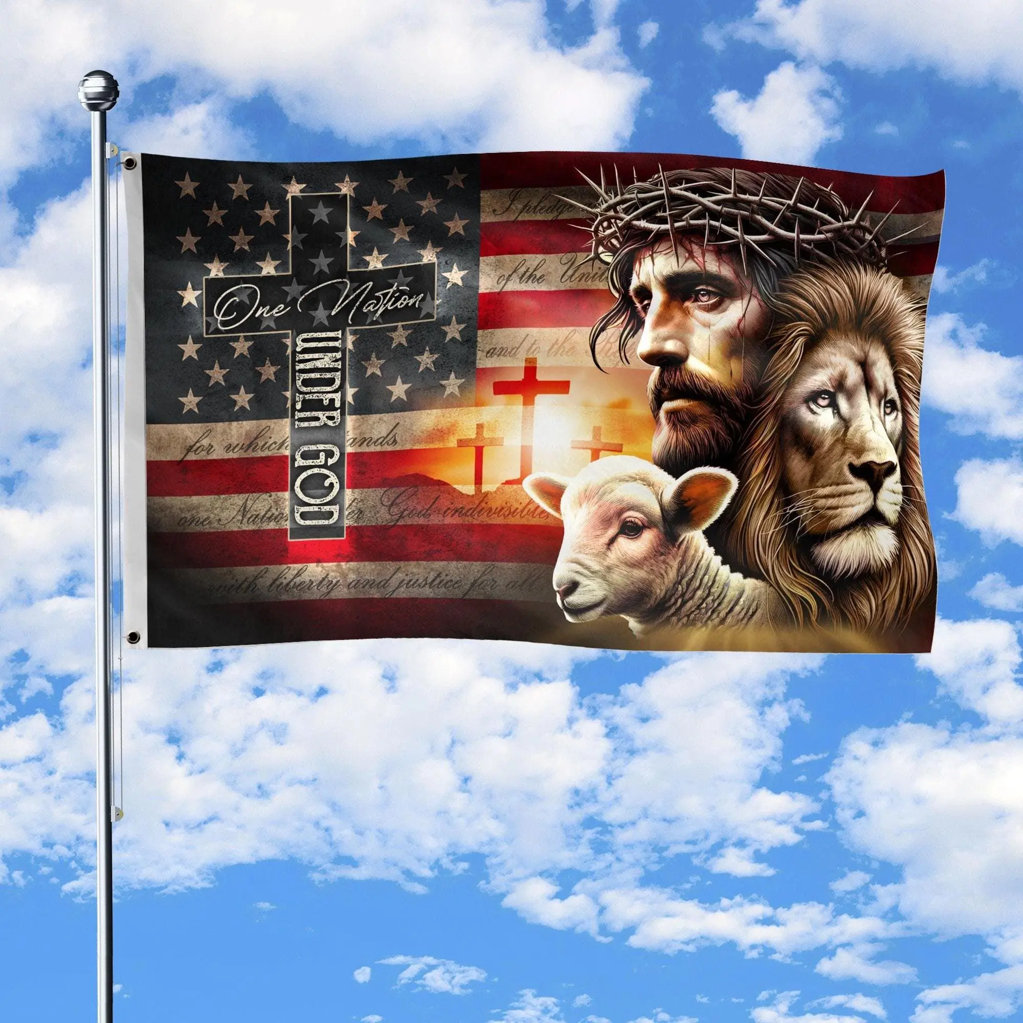 Double-Sided Christian Cross Polyester Flag with 2 Brass Grommets, Lightweight, Multi-Size, 1 Nation Under God American Element Design, Outdoor Party & 4th of July Home Decor Tapestry