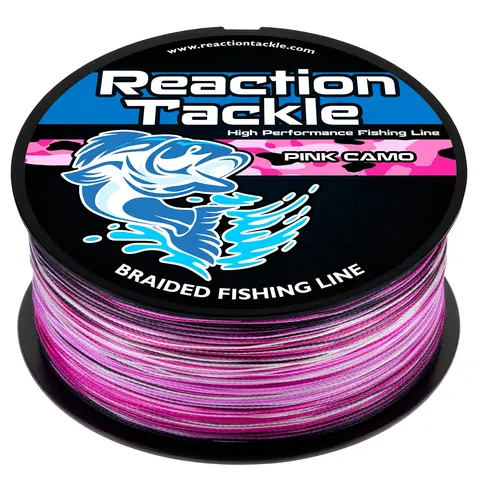 Pink Camo Braided Fishing Line - Reaction Tackle X4 Strand Metered Braid, Zero Stretch, Abrasion Resistant, 6-100lb, 150-3000yd Spools - Saltwater & Freshwater Trolling for Bass, Trout, Walleye