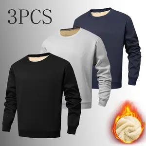 3pcs Men's Fleece Lined Crew Neck Sweatshirts Winter Warm Solid Color Casual Tops Classic Menswear Long Sleeve Crewneck
