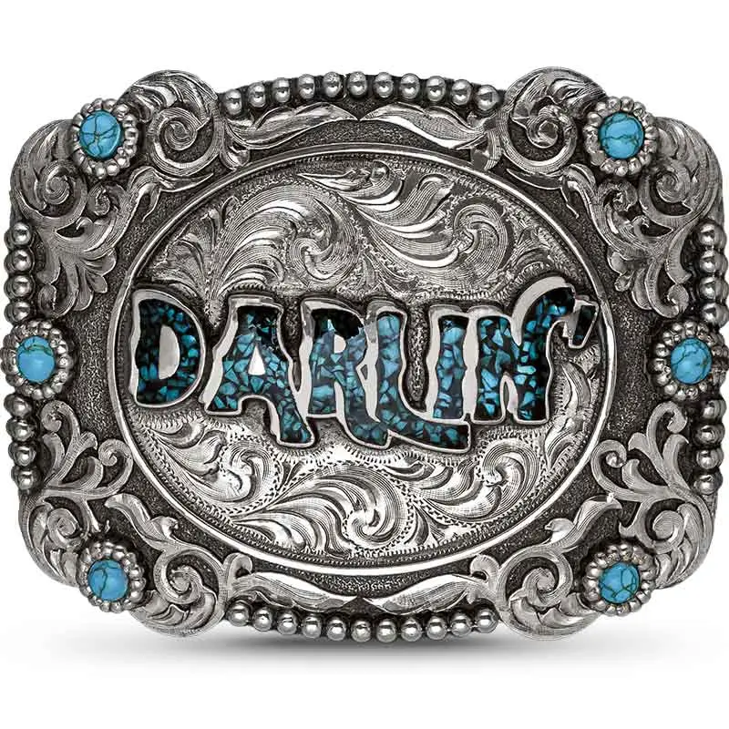 The Darlin Turquoise Belt Buckle  | Western German Silver Handcrafted Scrollwork & Simulated Turquoise Stones for Rodeos & Western Events