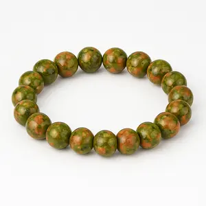 Natural Unakite Gemstone Bracelet – Grounding & Emotional Healing Crystal Beads – Handcrafted Elastic Bracelet for Inner Balance & Calm– Grounding Stone of Serenity and Heart Connection，for Women & Men – Emotional Healing | Stress Relief.