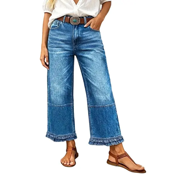 Flamingals Wash Stitch Detail Ruffle Hem High Rise Wide Leg Crop Jeans Without Belt Womenswear Stretchy 25.6" Inseam