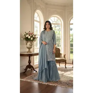 Pastel Blue Pearl Embroidered Gharara