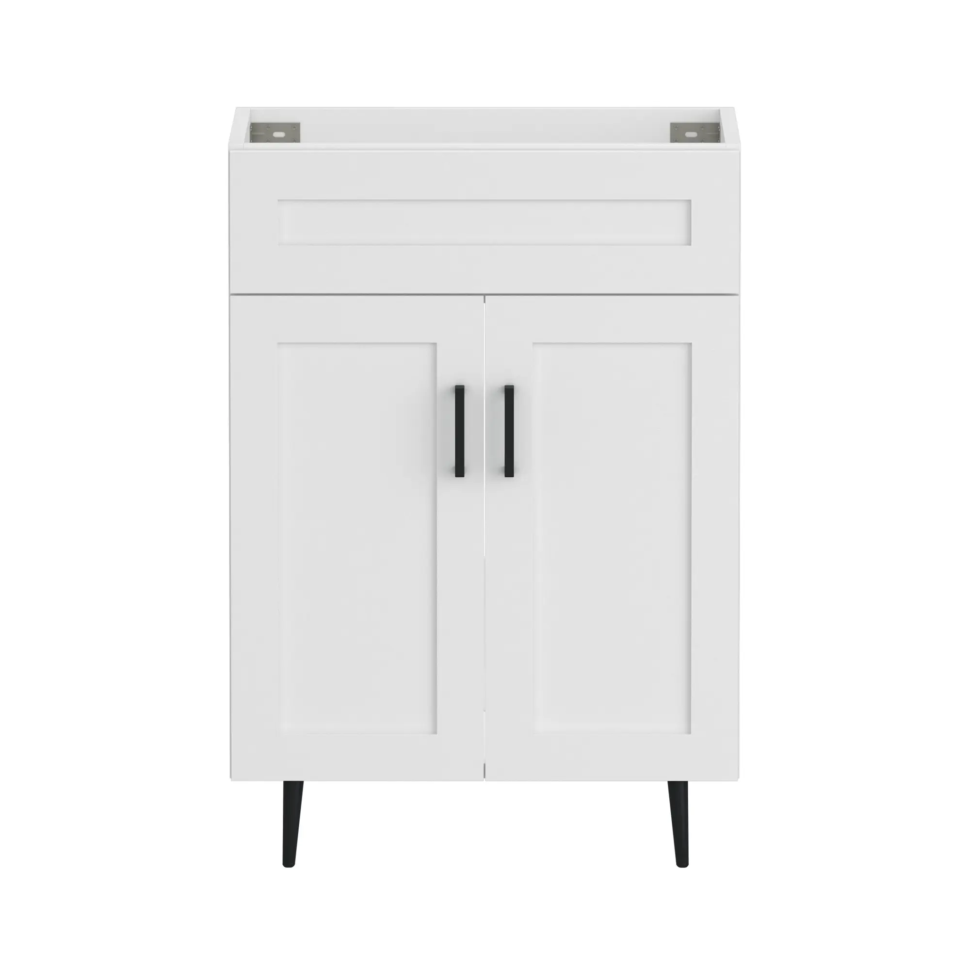 24 Inch Bathroom Vanity , Modern Wooden Freestanding Bathroom Storage Cabinet with 2 Doors and 1 Drawer, Metal Legs, Painted Surface, White