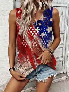 Independence Day stylish Statement women's hollow-out top, vacation-style camisole with V-neck star print. Casual, elegant and commute-friendly, comfy, breathable and easy to wear throughout spring, summer and autumn.