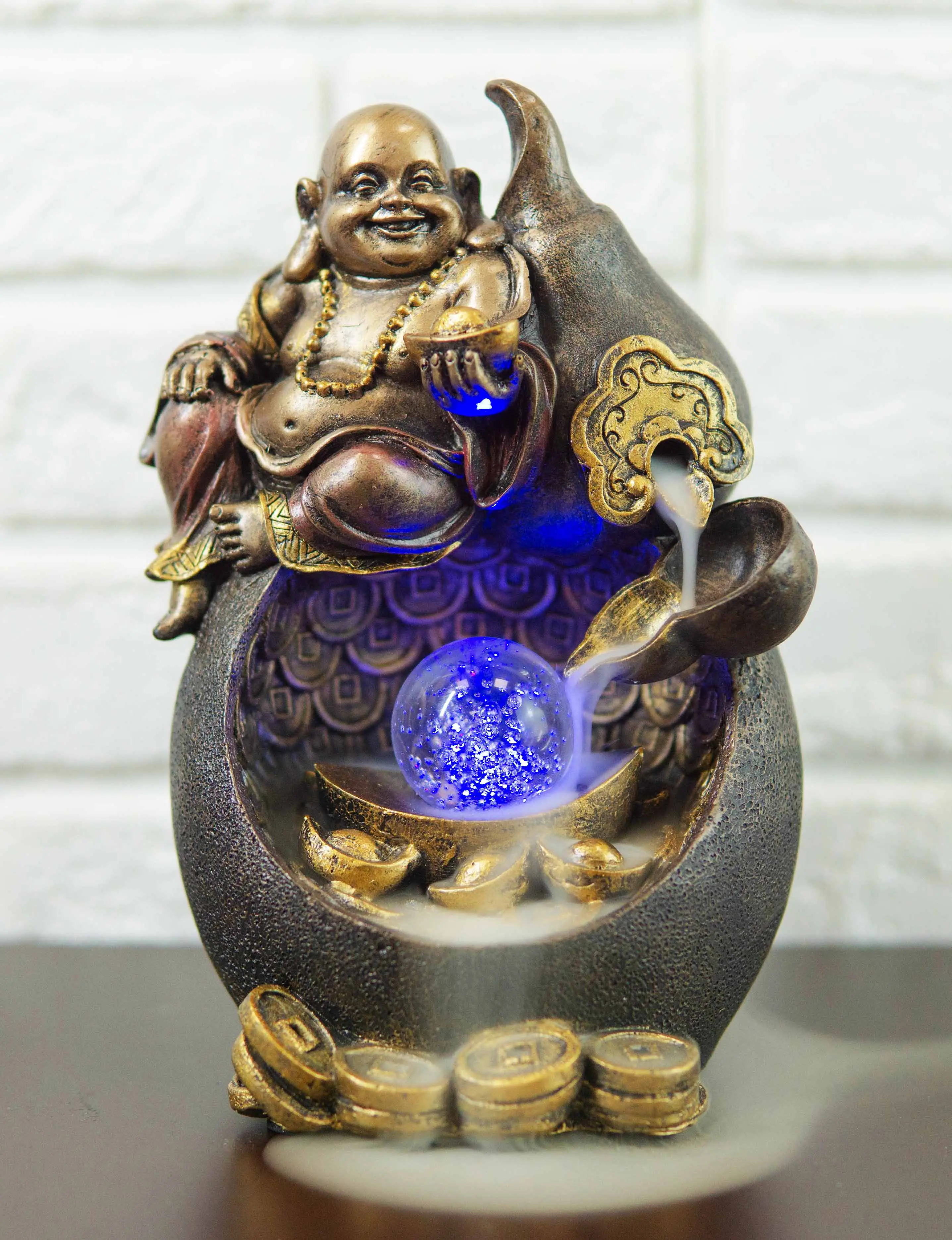 Backflow Incense Burner with LED Light, Ebros Gift Happy Fortune Buddha Sculpture with Smoke Trails, 6.75"H Basin-Style Home Decor Statue, Lavender, Trails Of Smoke