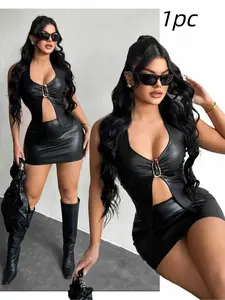 Sexy PU Fabric Corset Dress Skirt Set, Metal Buckle Design, Tight-Fitting Women's, Perfect for Parties & Nightlife