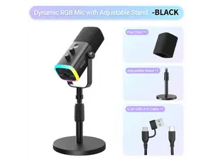 FIFINE AM8S Gaming Microphone with Adjustable Stand, Height Adjustable Heavy-Duty Metal Stand, RGB Dynamic Mic with Quick Mute, Gain Volume Control, Headphone Jack