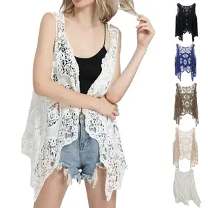 SCUSTY Women's Summer Boho Hollow Out Crochet Vest Bohemian Sleeveless Geometric Solid Knit Cardigan