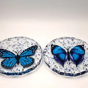 Handmade Coasters with Blue Butterfly Design and Sparkling Accents for Home Decor