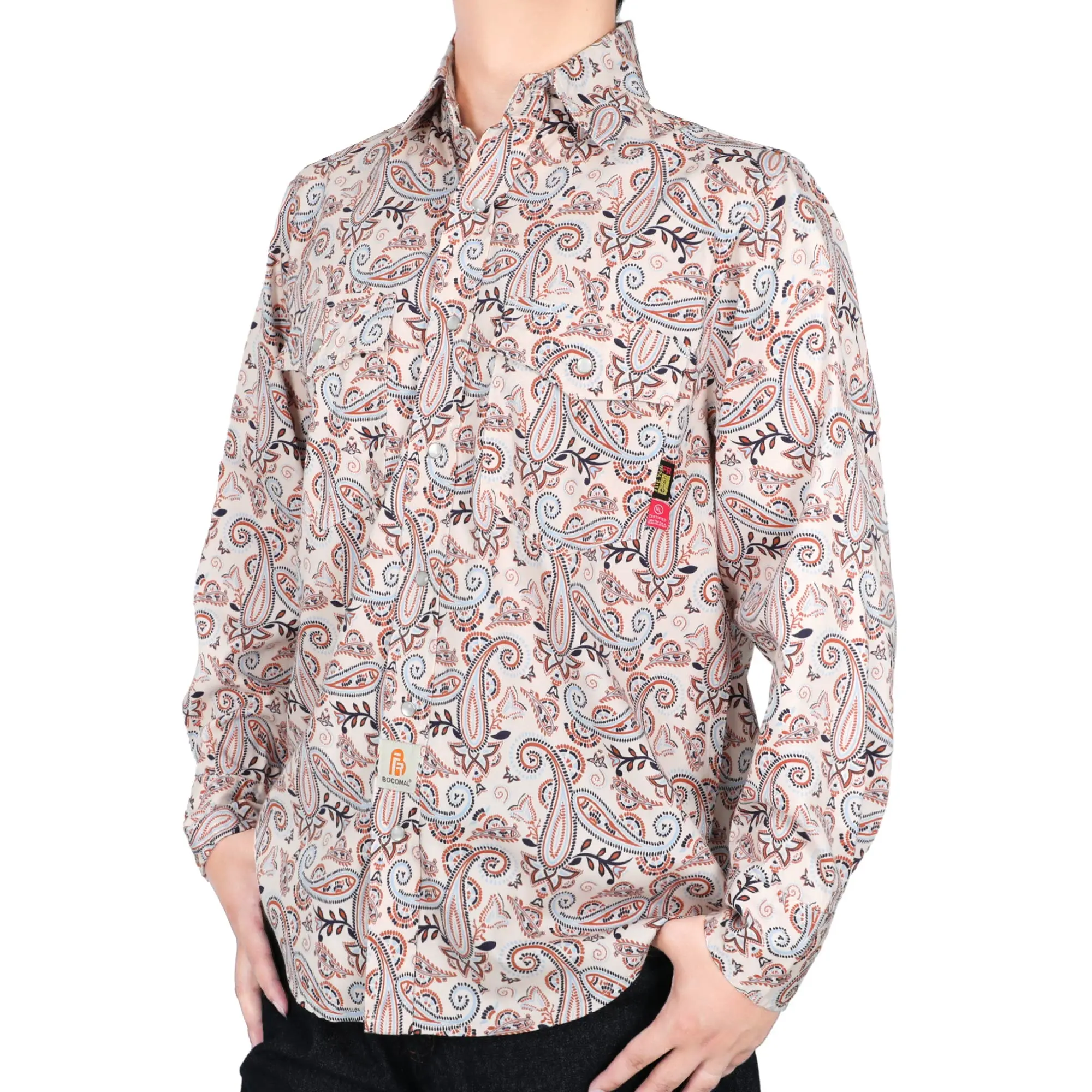 6.5 oz lightweight printed flame-resistant shirts with pearl snap