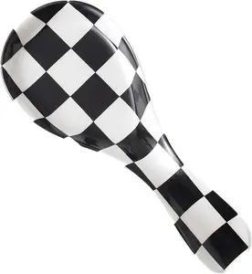Ceramic Spoon Rest for Stove Top, Checkered Spoon Holder Utensil Rest, Cute Spoon Rests for Coffee Bar (Black)