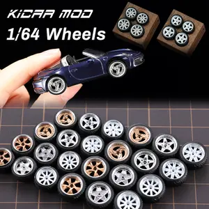 Kicarmod 1/64 Wheels with Rubber Tires Rivet Axle Metal Rims Front Small Rear Large For Muscle Car 4 Sets a Pack.