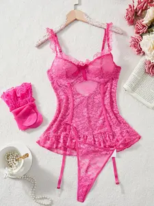 lace bra  bra with bow Underwear Set (4-piece set, with steel rims, thongs, paired with a pair of stockings) Temptation Lace thong with steel rims Sexy Underwear Set Soft Lingerie Womenswear bow front panty set Floral bodysuit gift Bridal Basic Minimalist