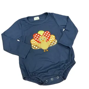 C baby boy clothes turkey embroidery boy thanksgiving bubble navy long sleeve romper