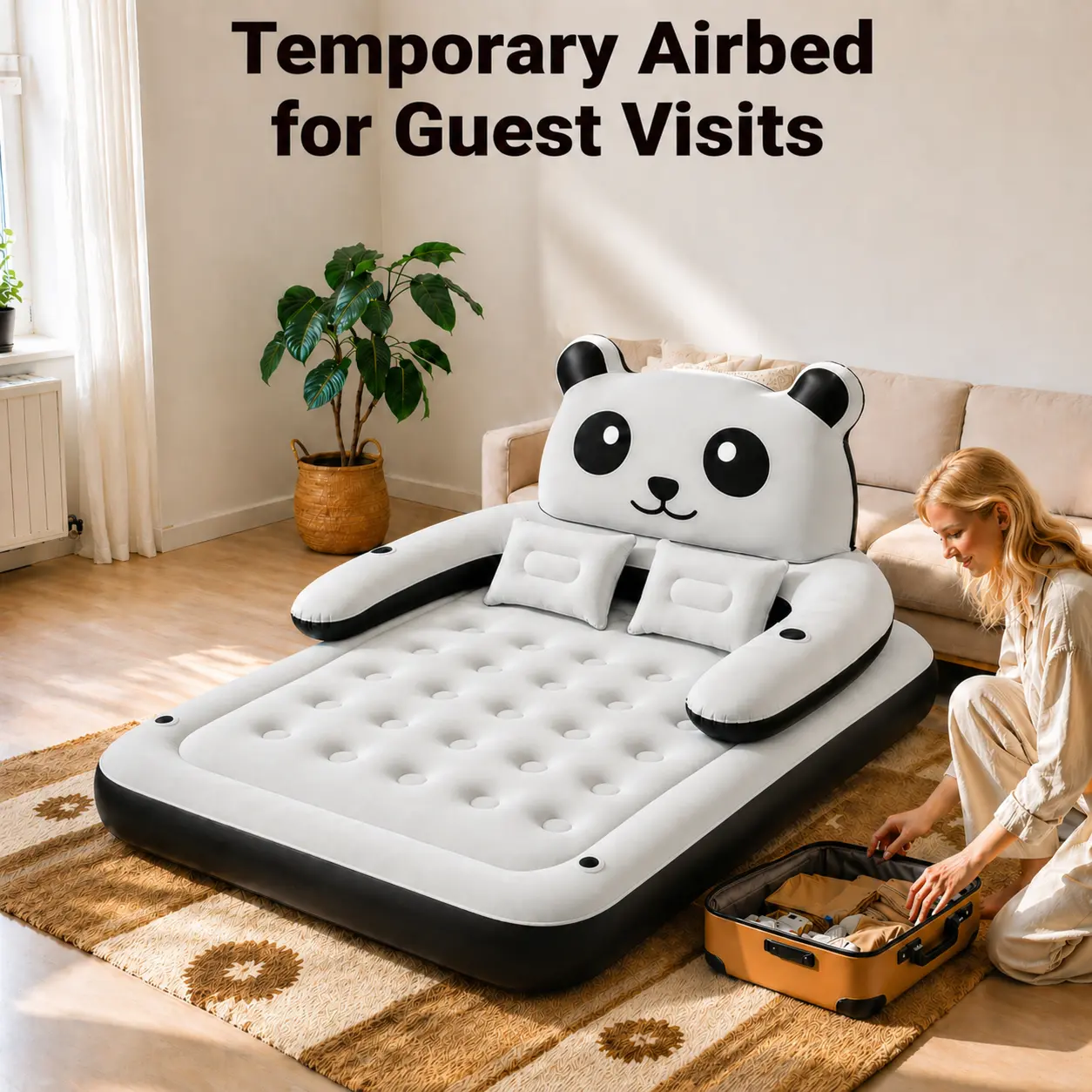 Panda Backrest Air Mattress, Portable Air Sofa Bed for Indoor & Outdoor, Garden, Guest Room, Beach, Camping Inflatable Blow Up Mattress(NO PUMP)