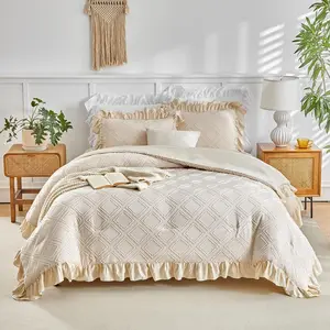 Tufted Ruffle Comforter Set Twin Size, 3 Pieces Beige Ruffled Farmhouse Comforters, Luxury Color Soft and Embroidery Boho Bohemian Bedding Set for Kids(1 Comforter + 2 Pillowcases)