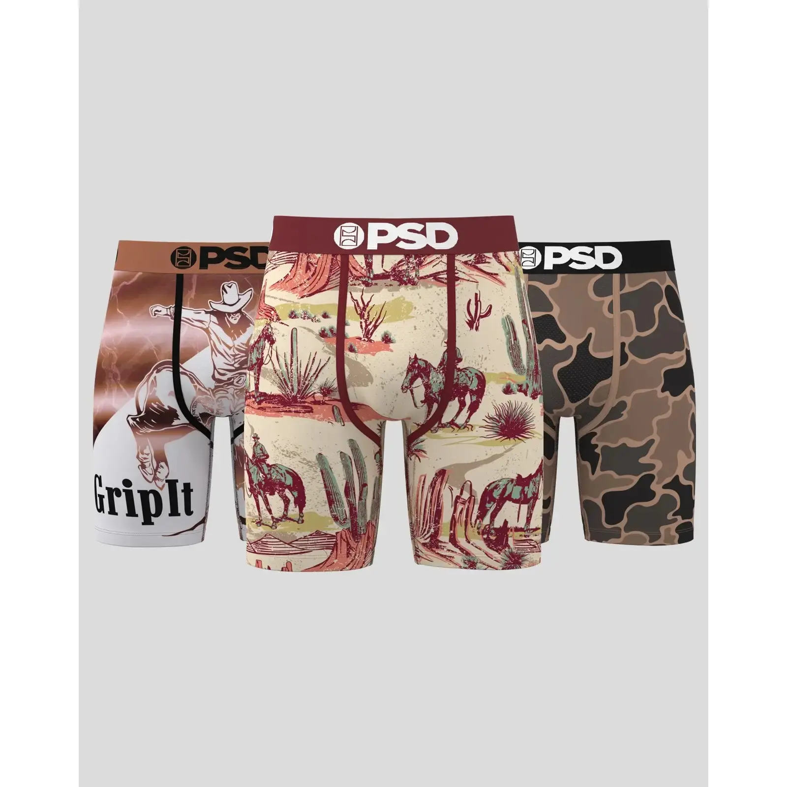 PSD Mens Rope It Ride It Boxer Brief 3 Pack - Standard Length 7 Inch Inseam, Soft and Breathable Poly Blend Fabric