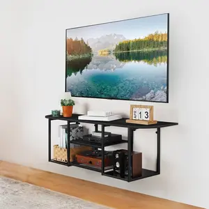 Black Rustic Wood Finish Modern Floating TV Shelf with Storage for 50" TVs - Wall Mounted Furniture with Design & Organization, Ideal for Living Room, Bedroom