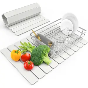 Large Super Absorbent Collapsible Diatomaceous Earth Stone Dish Drying Mat for Kitchen Counter, 24"(L)×16"(W), Quick Dry Drying Pad for Dishes Bottles Cups, Fits Any Countertop (White)