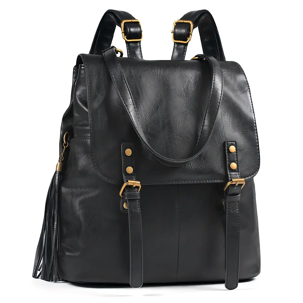 Vintage Leather Backpack Purse for Women Aesthetic Retro Bookbag Large Capacity Backpack with Tassel