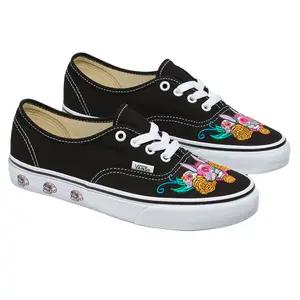 VANS Xolo Authentic Black/True White Sneakers with Embroidered Xoloitzcuintle & Side Sugar Skull Print Classic Waffle Sole