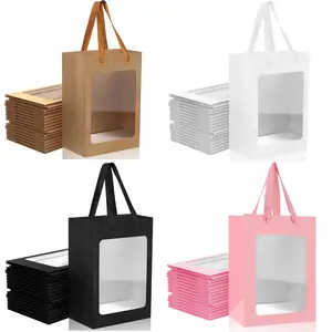 10 Pack Paper Gift Bags with Clear Window, 25.04 Cm X 17.78 Cm X 13.00 Cm Eco-Friendly Shopping Bags, Perfect for Bouquets, Christmas, Birthdays and Parties in 4 Color Options