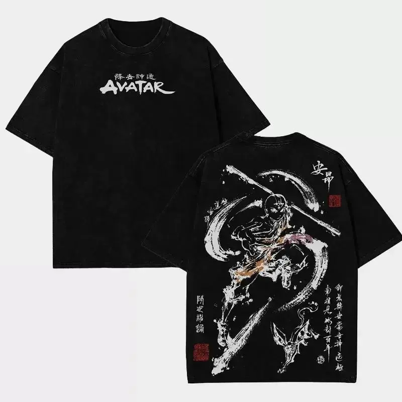 Avatar The Last Airbender Aang Graphic Tee | The Last Air Nomad Double-Sided Vintage Washed T-Shirt | Heavyweight Oversized Anime Streetwear Top for Men & Women