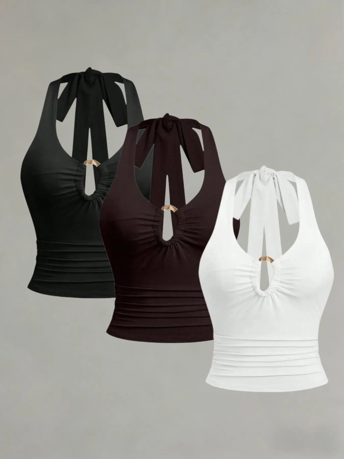 Metal Ring Halter Top Set, Sleeveless, Ruched Waist, Fit, Minimalist High-End Casual Style, Three-Piece, Elegant and Stylish Women's Clothing, Basic