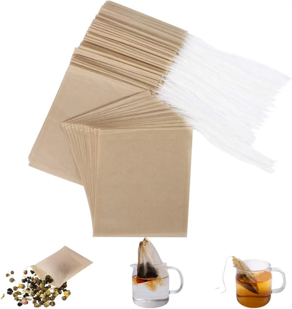 100 Pack Eco-Fil Disposable Tea Filter Bags for Loose Tea, Wood Pulp Material, Biodegradable and Compostable, Unbleached Empty Tea Infuser Sachets with Drawstring,  (3.2inch x 4.0inch), Coffee, Sturdy