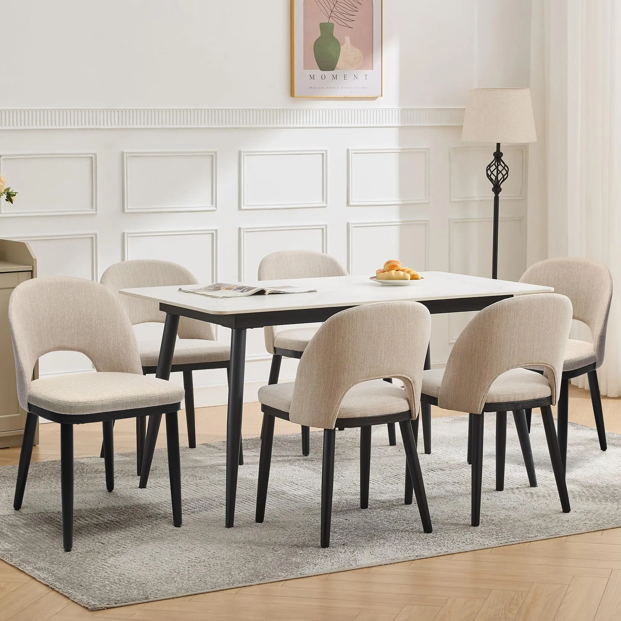 Beige Wooden Dining Chairs Set of 6, Upholstered Kitchen Dining Room Chair, Modern Linen Fabric hollowed out Dinner Chair with Leveling Feet/hollowed out Backrest Support for Dining Room, Living Room