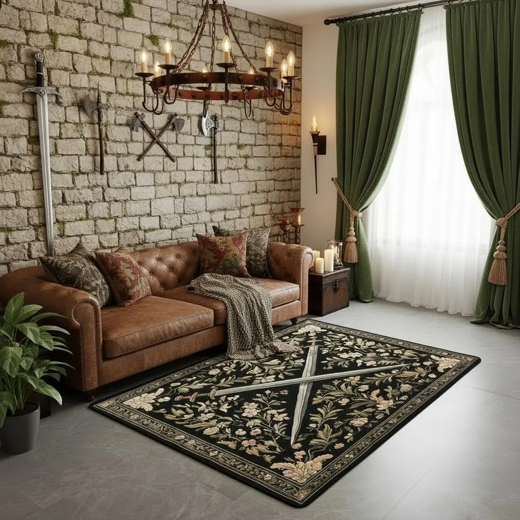 Medieval Style Swords Area Rug Country Rustic Flowers Non Slip Carpet Adults Knight Theme Sword Rug for Bedroom Playroom Backyard Black Yellow Couch Living Room Decor