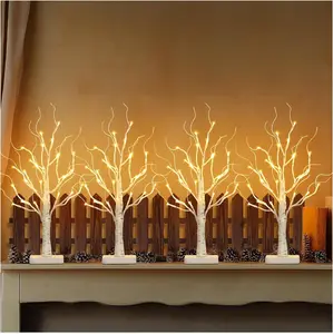 EAMBRITE Birch Tree with LED Lights for Christmas Decorations Indoor, Lighted Tabletop Tree 22 in 24 LED White Twig Battery Operated Mini Small Artificial Trees for Home Table Centerpiece Mantel 4pcs