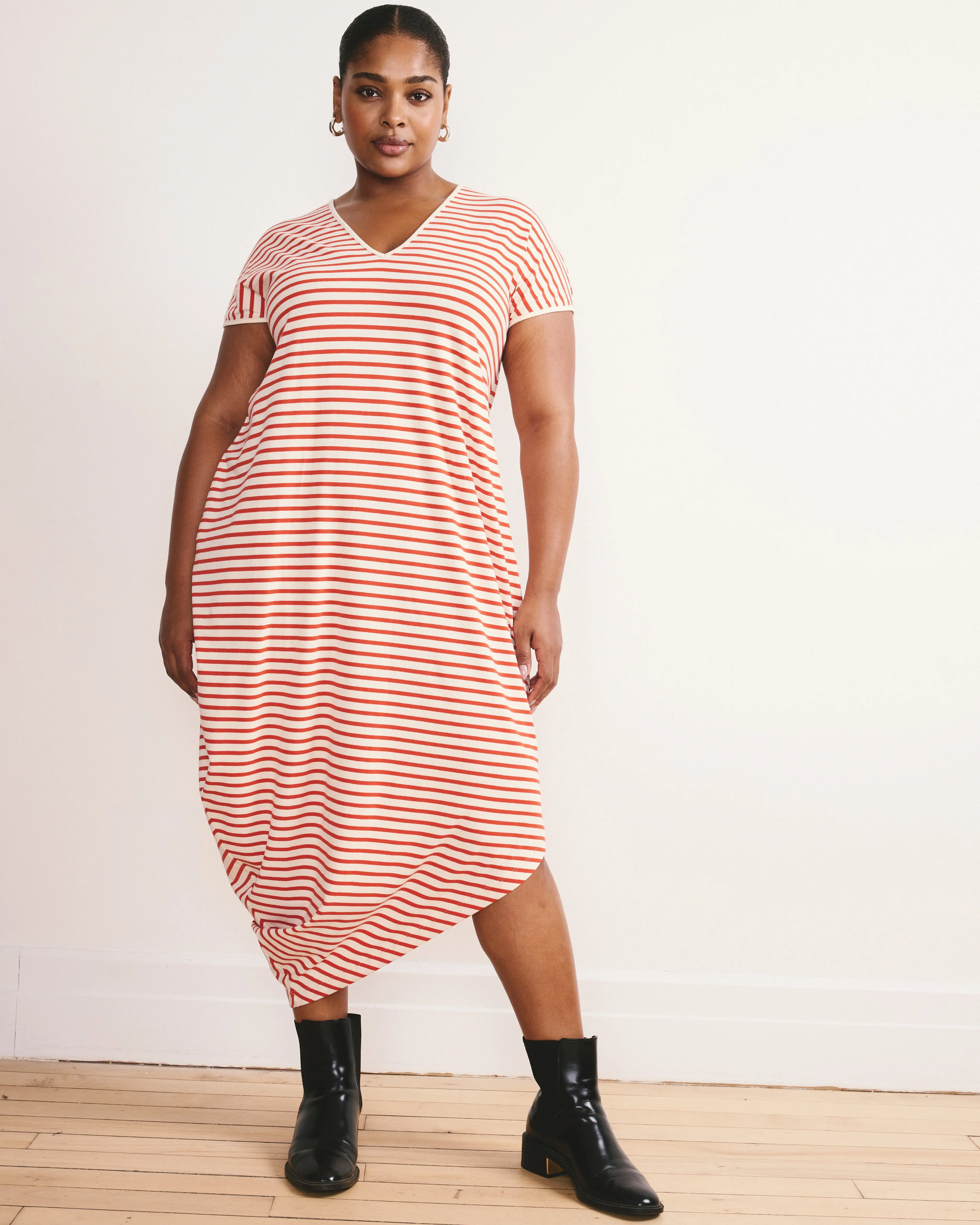 Women's Geneva V-Neck Striped Dress in Ecru & Poppy, Pilling-Resistant Peruvian Cotton Blend, a Ready to Wear Piece for Daily Style, Casual Wear, Incredible Bounce-Back, One Piece