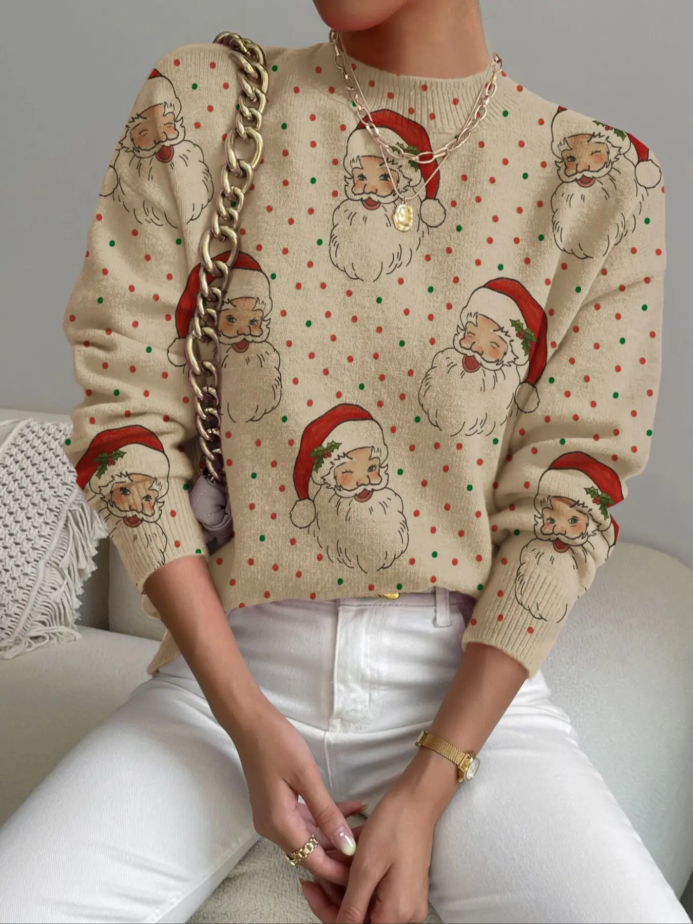 Women's Christmas Santa Print High Neck Sweater, Cozy Long Sleeve Knit Top for Fall & Winter, Elegant Holiday Apparel for Festive Celebrations