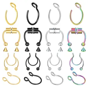 1-16pcs 16g 18g 20g 22g Nose Rings Hoops Piercings Ring Septum Lip Hoop Faux Clip On Cuffs For Women Men Cartilage Earring