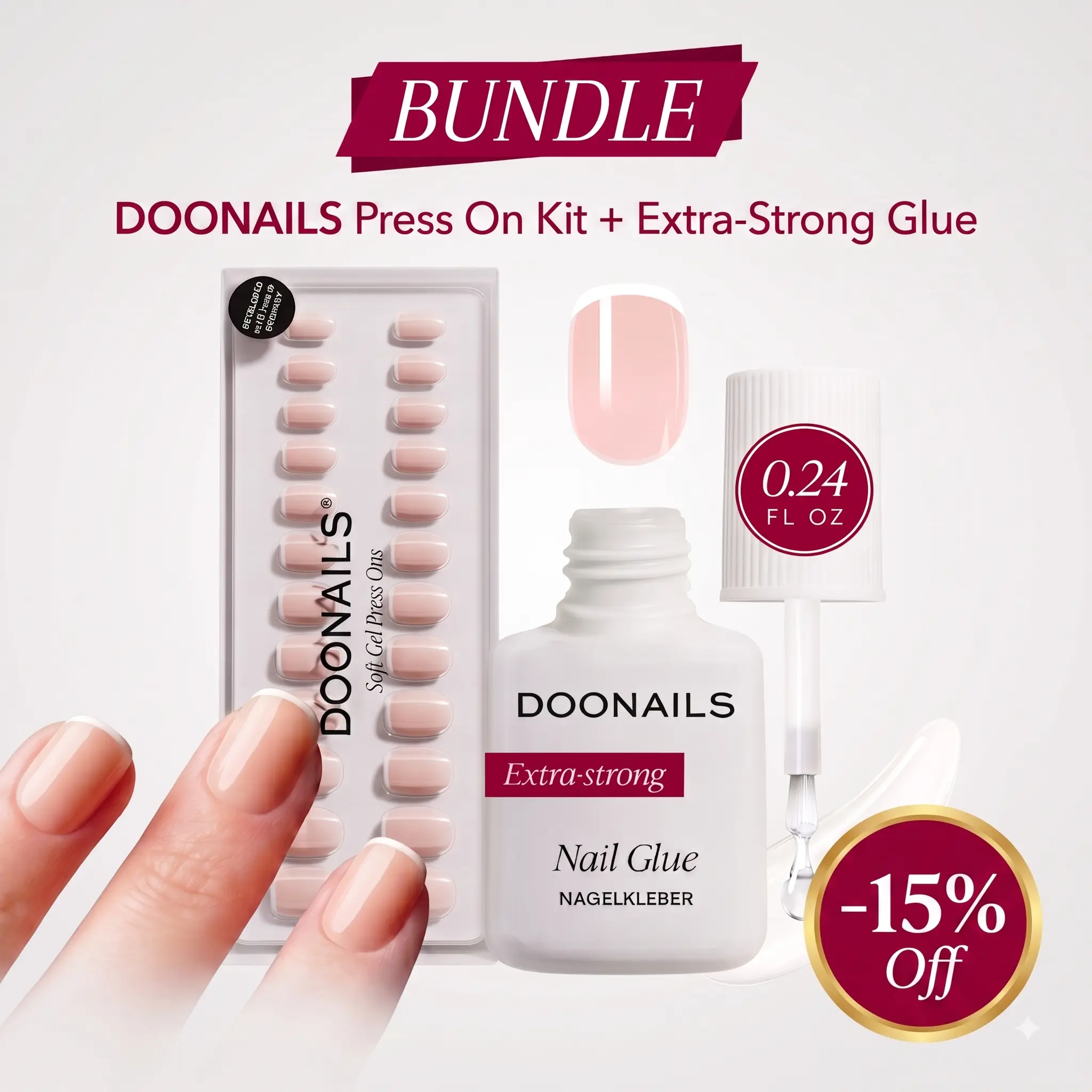 DOONAILS Press-On Nails Classics Collection + Brush-On Nail Glue – Reusable Fake Nails Kit, 30 Pcs in 15 Sizes, Precision Brush Glue for up to 14 Days of Wear