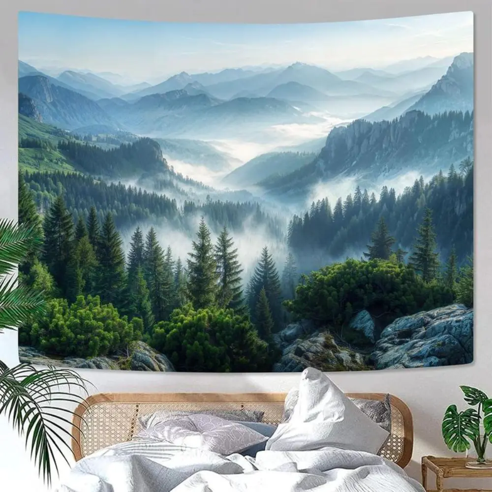 Nature Forest Mountain Tapestry Green Misty Pine Tree Tapestry for Bedroom Aesthetic Foggy Woodlands Sky Landscape Tapestries Wall Hanging for Living Room Dorm Decor Gift